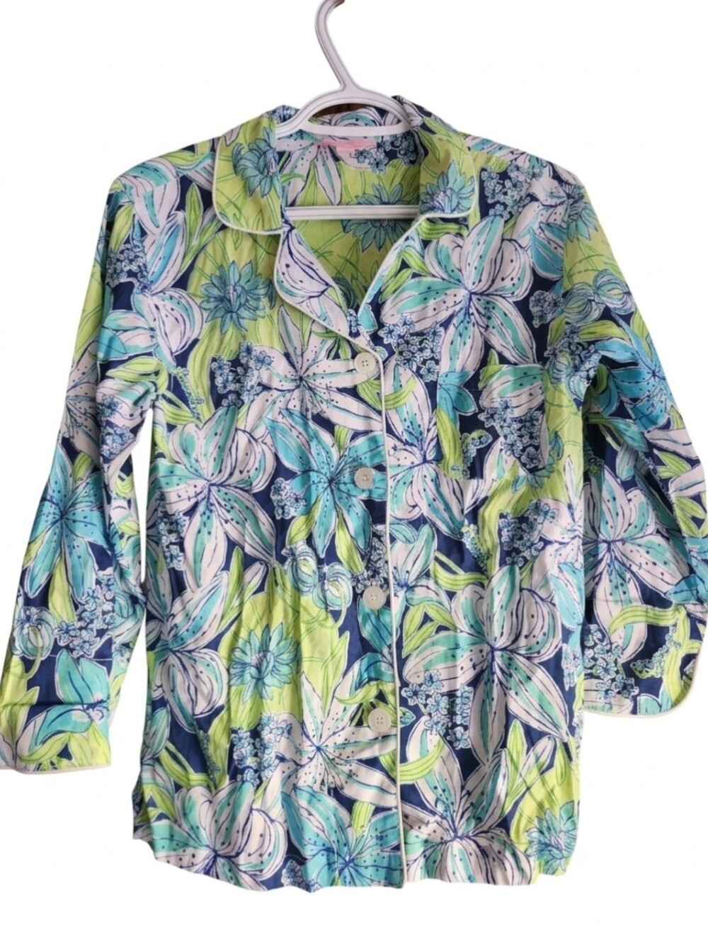 Lilly Pulitzer Button-Down Pajama Top in Blue, Green & White Floral Print - XS